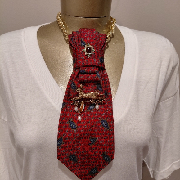 Handcrafted Jewelry - Handcrafter 100% Silk Red Paisley Print Necktie Necklace With Rabbit Brooch
